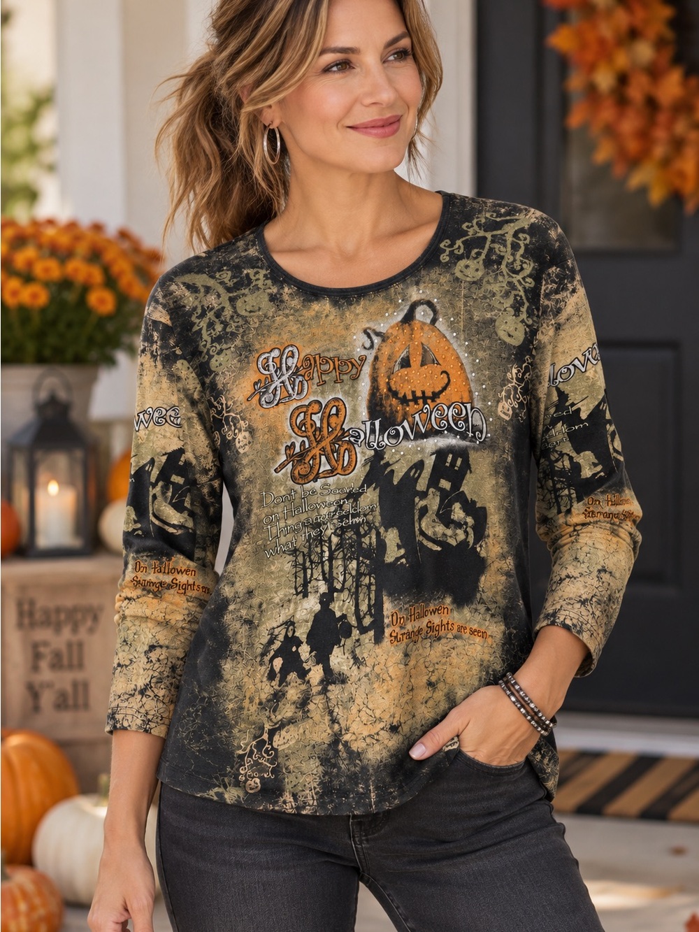 Vintage Y2K Cactus Bay Happy Halloween Rhinestone Graphic Top XL USA